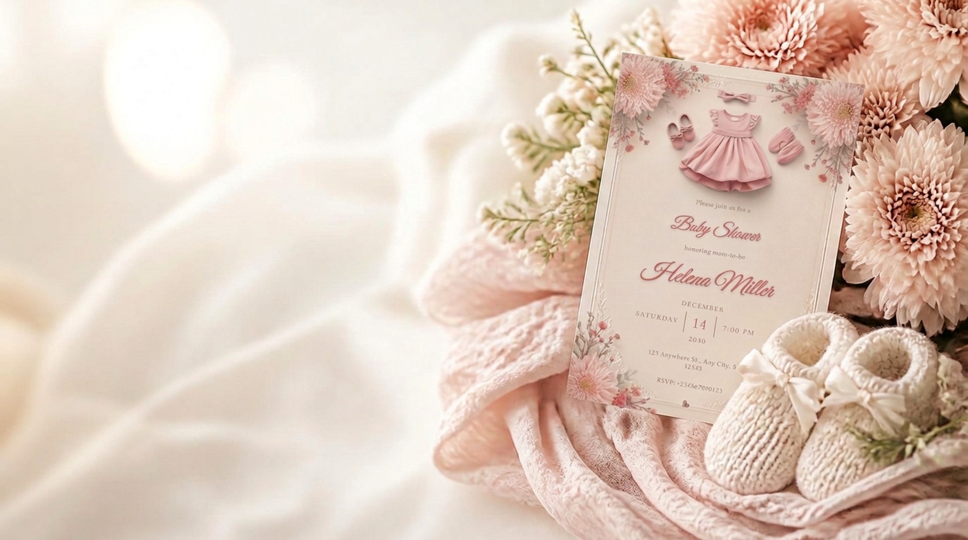 An ivory baby shower invitation among pink chrysanthemums and knitted booties