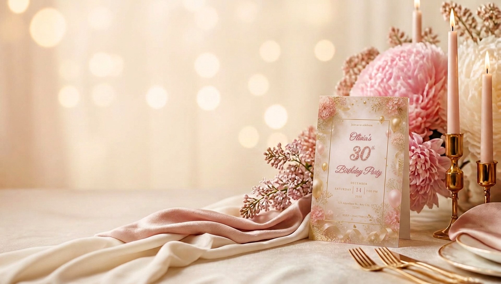 A blush and gold birthday invitation on a candlelit celebration table