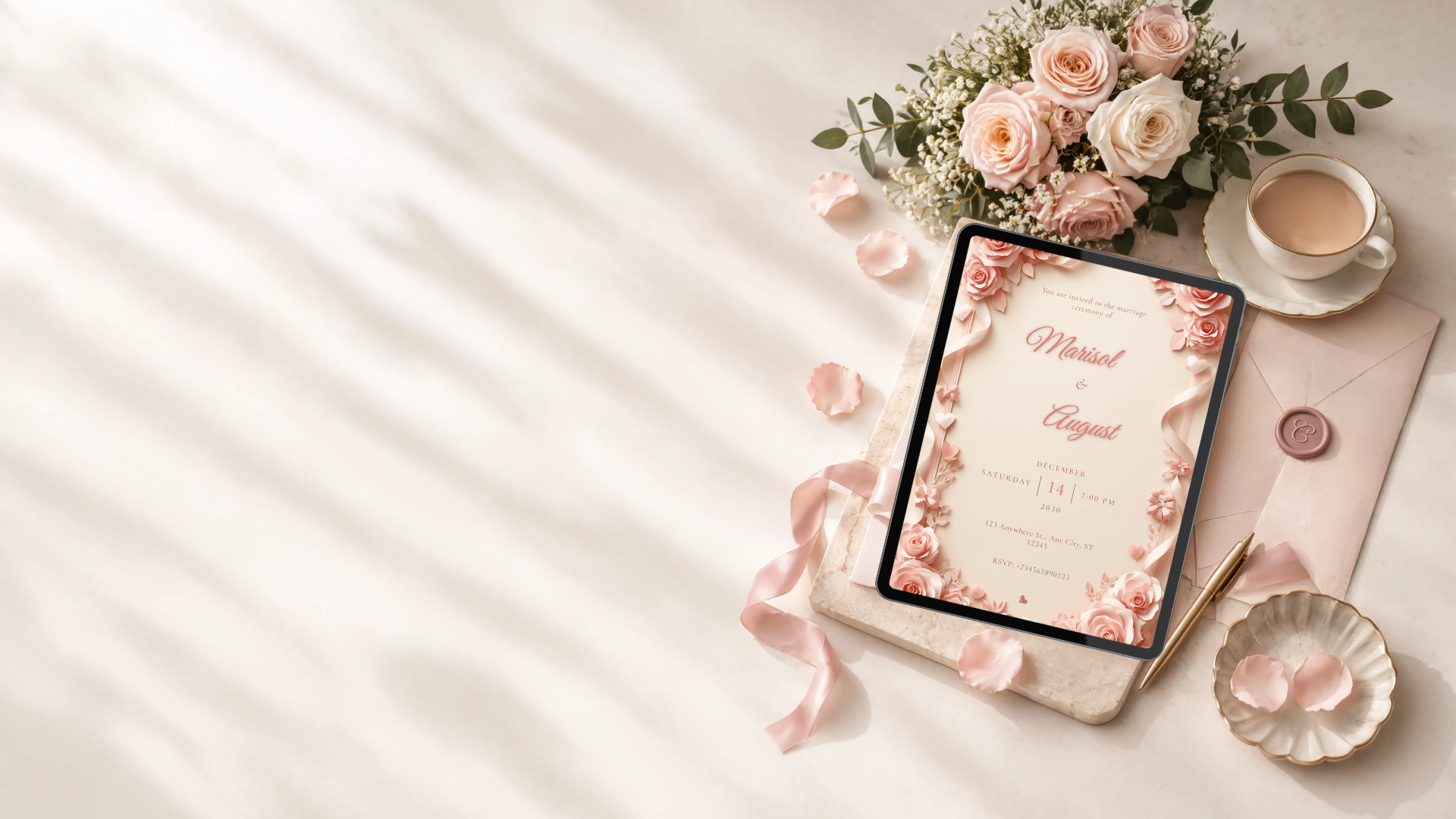 A personalized CARDIYE digital wedding invitation on a tablet among roses