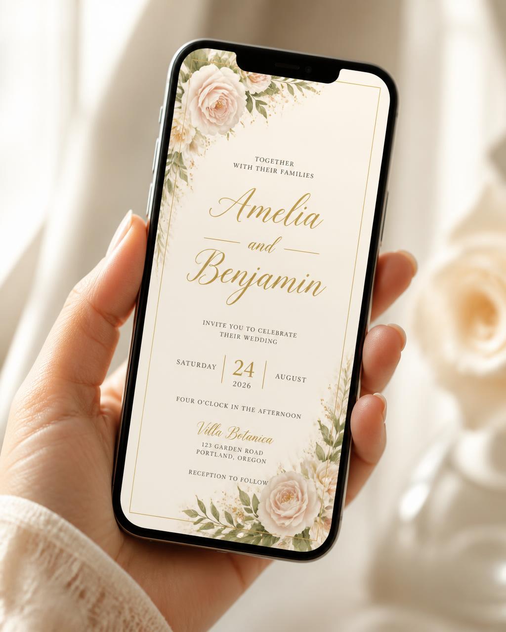 A CARDIYE digital invitation on a phone screen in soft natural light