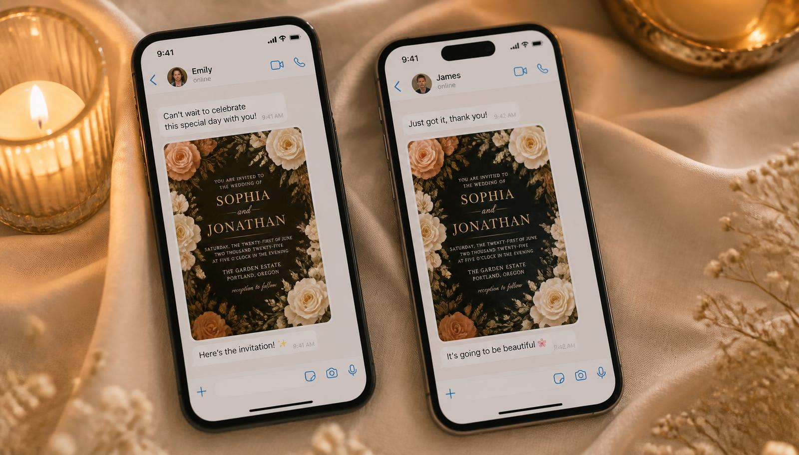 A CARDIYE invitation shared between two phones by candlelight