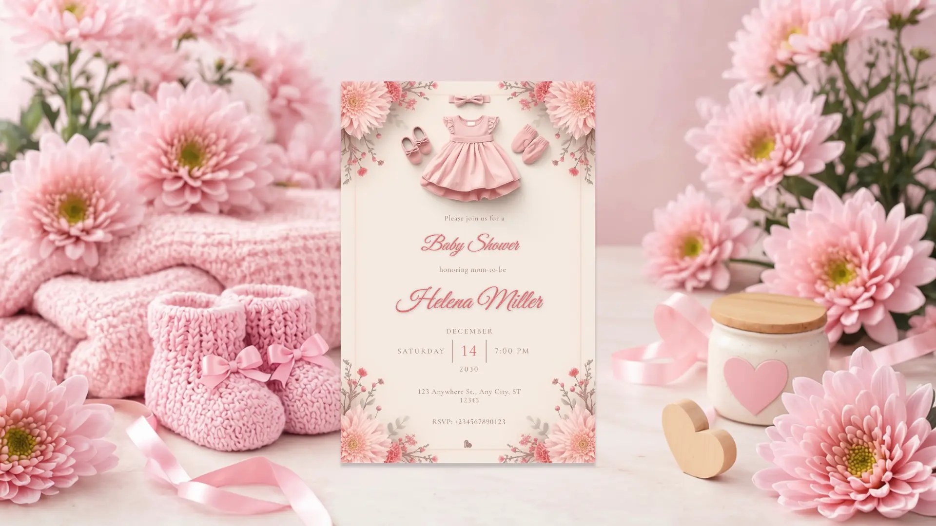 A pink baby shower invitation standing among pink chrysanthemums, knitted booties, ribbon and a heart jar