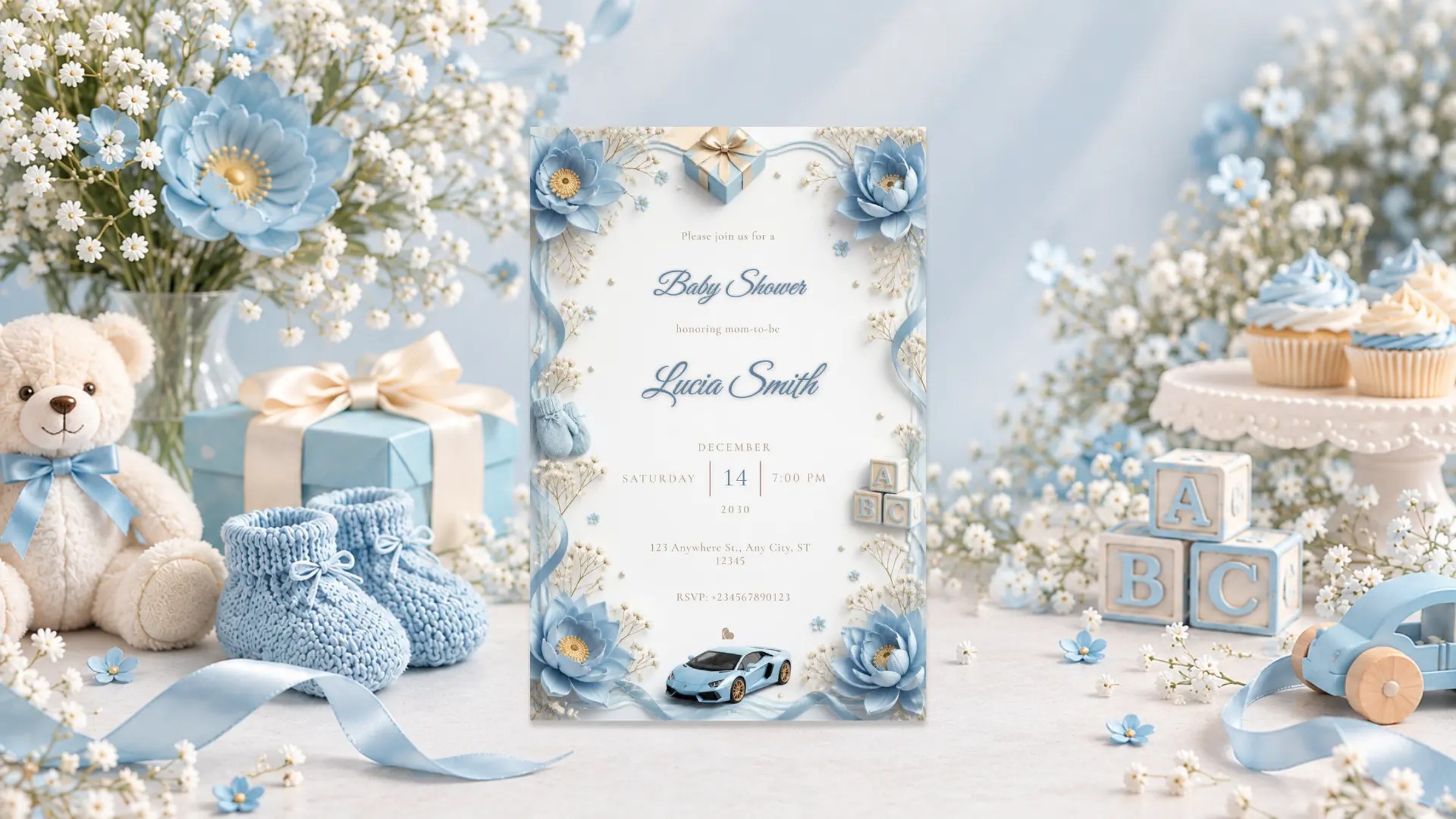 A blue and ivory baby shower invitation standing among blue flowers, knitted booties, a teddy bear and alphabet blocks
