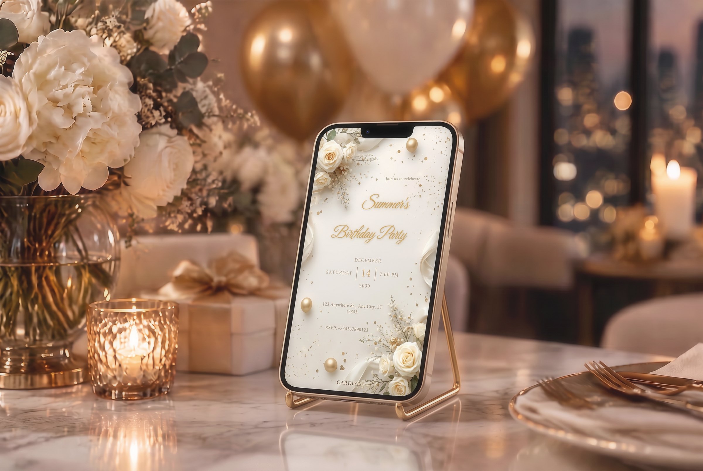 A birthday celebration scene with gold balloons, flowers and a phone showing the invitation