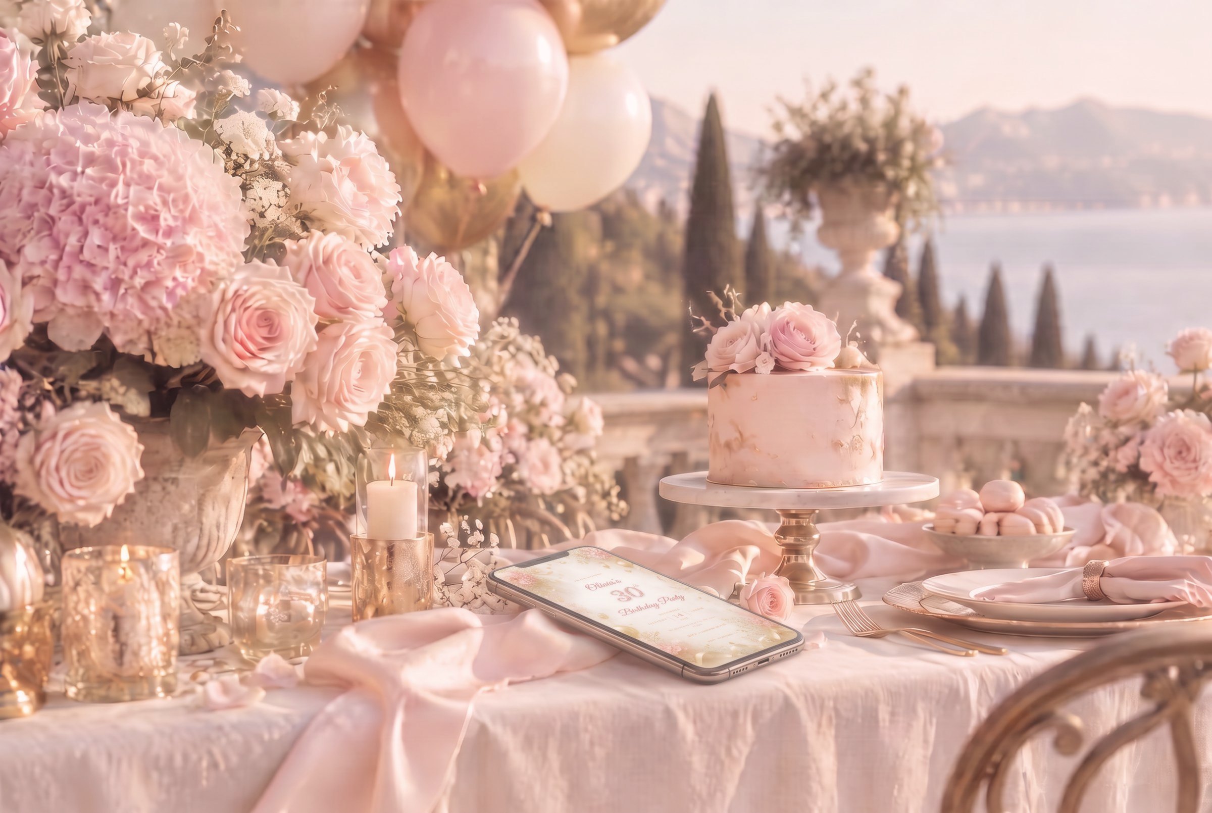 A blush and gold birthday table with a phone showing a personalized birthday invitation