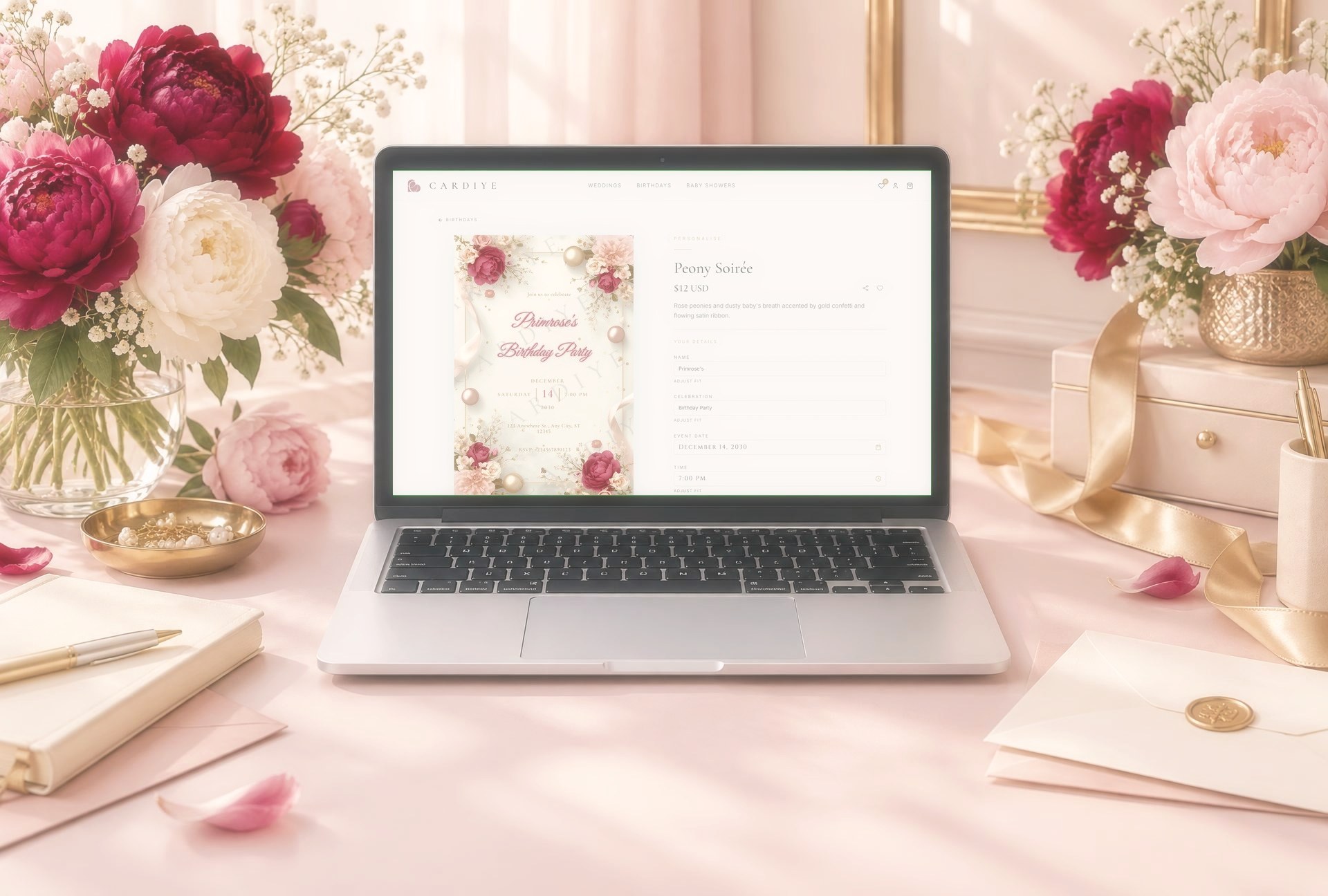 A laptop showing the CARDIYE personalization page for a blush and gold birthday invitation, surrounded by pink hydrangeas and gold ribbon