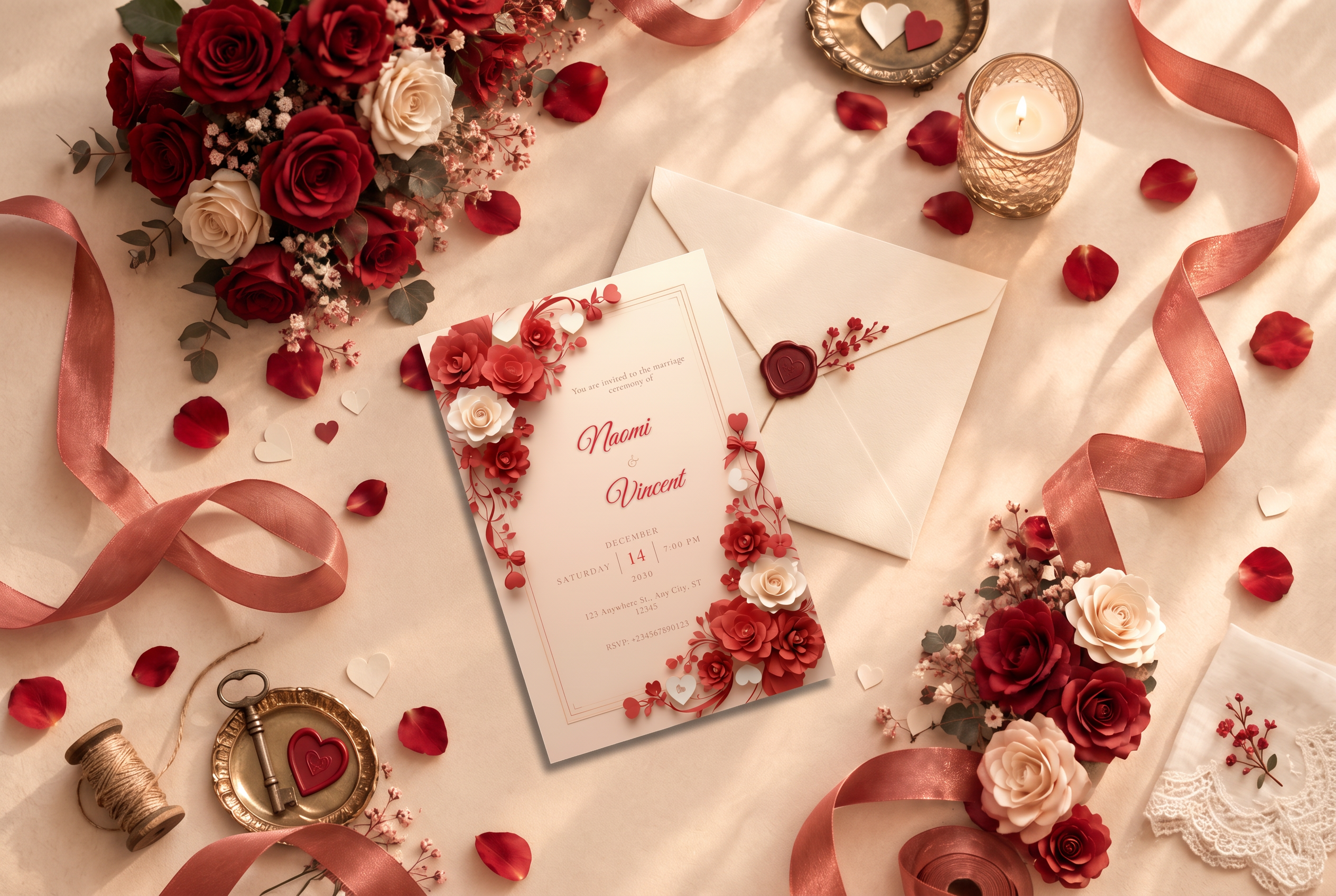 The Crimson Whisper wedding invitation with red and ivory roses beside an envelope with a wax seal
