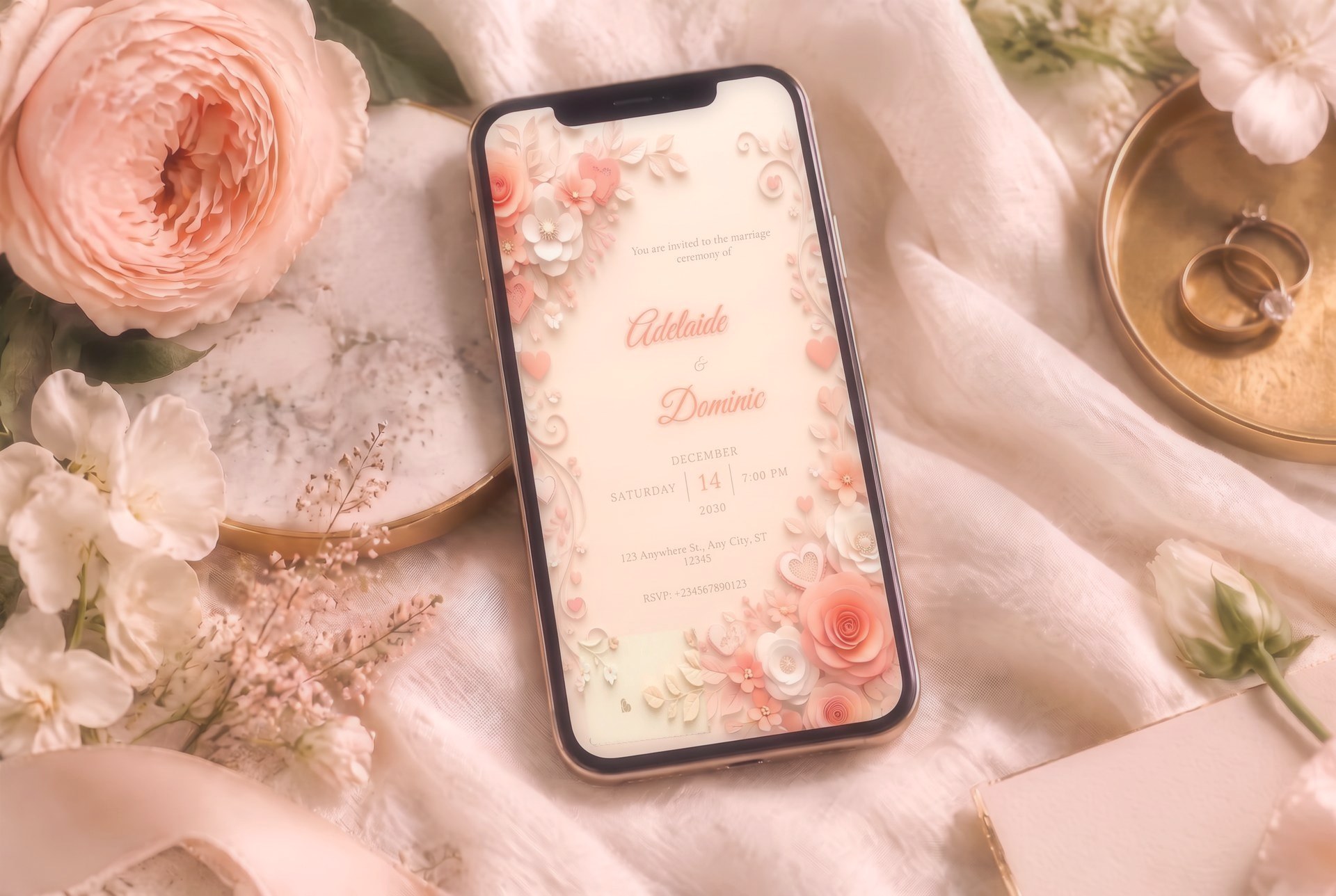 A digital wedding invitation displayed on a phone beside blush roses and gold rings