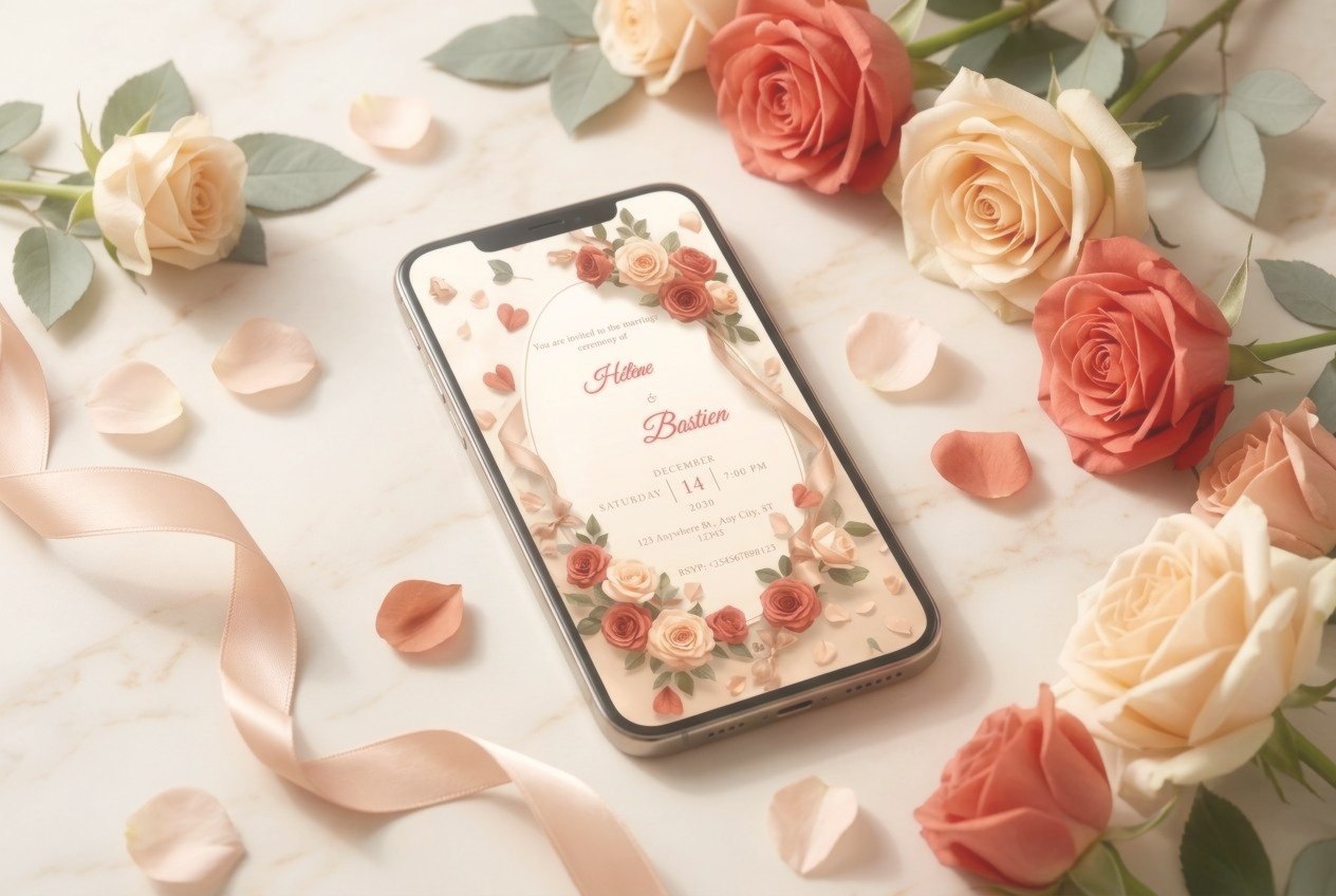 A phone showing a peach floral wedding invitation resting on a marble table with coral roses and blush ribbon