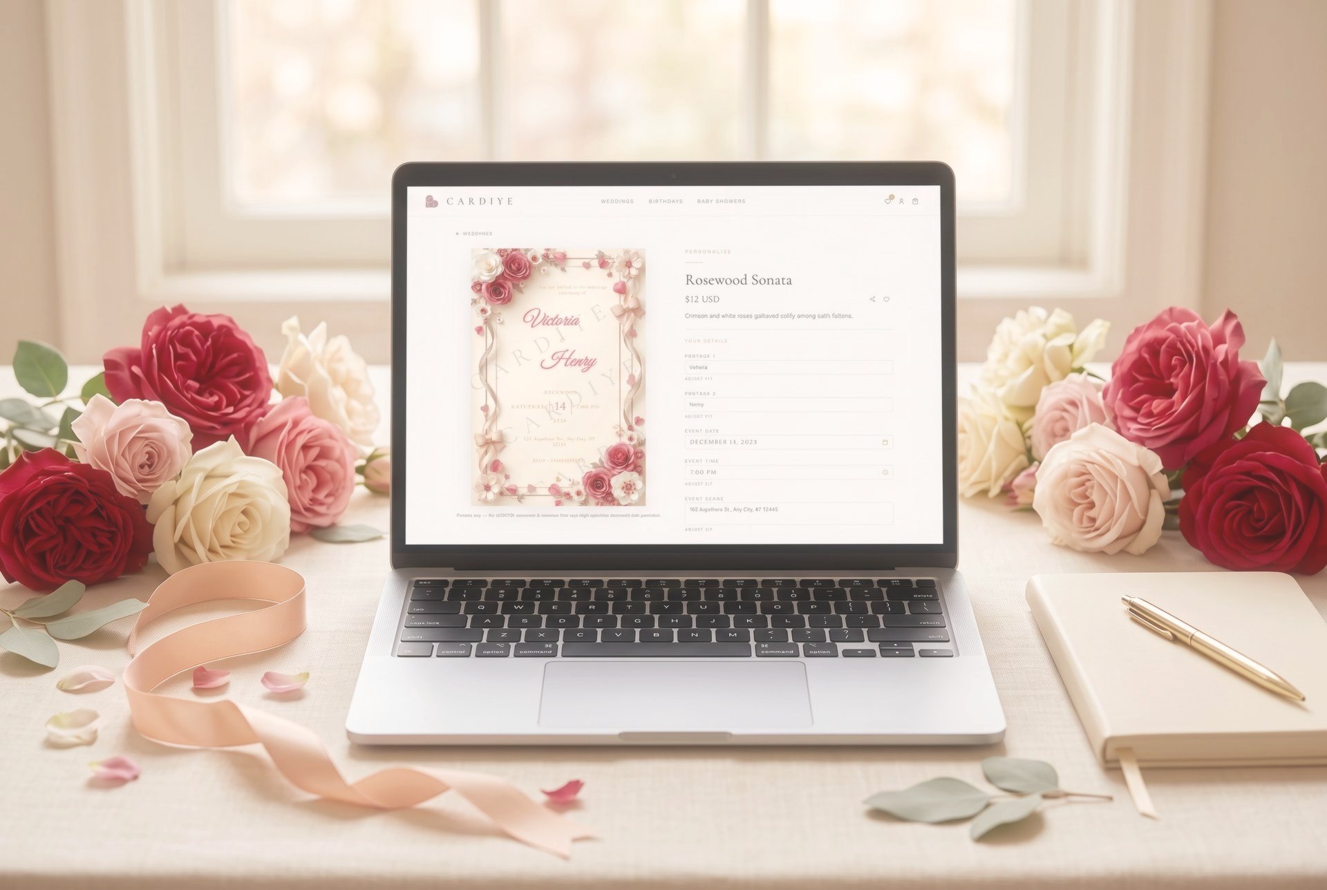A laptop showing the CARDIYE personalization page for a crimson rose wedding invitation, surrounded by roses and peach ribbon